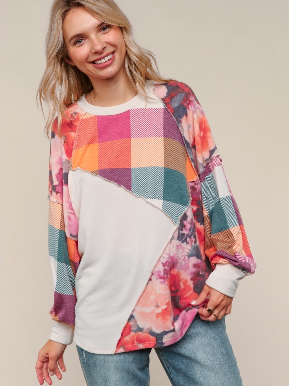 Patchwork Floral-Print Long Sleeve Top - Pink Multi